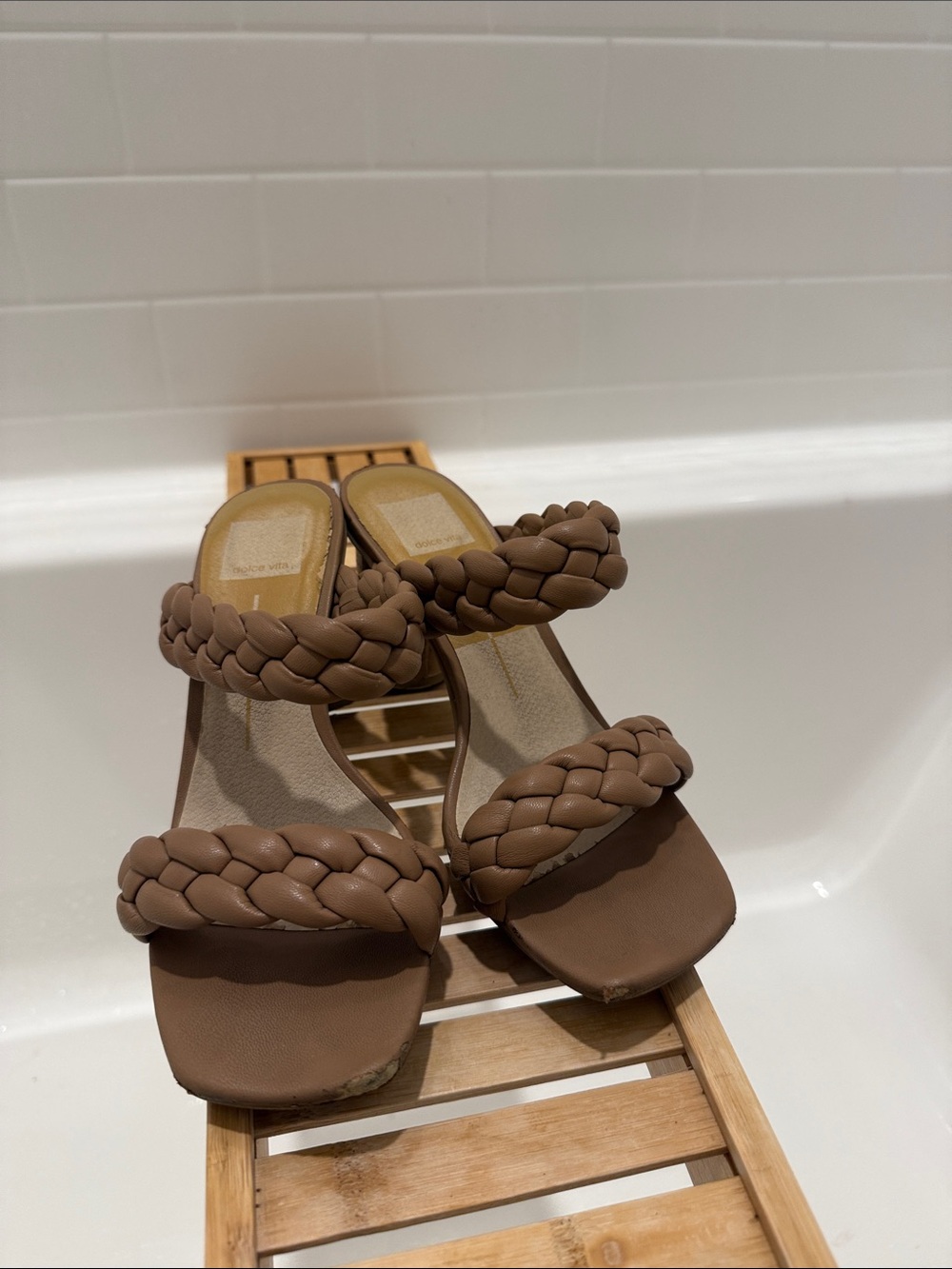 Braided Double-Strap Slide Sandals in Brown